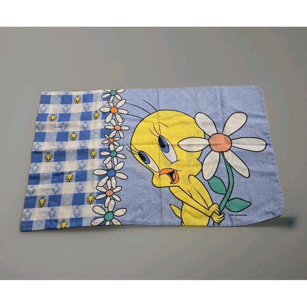 Vintage Tweety Bird Pillowcase Looney Tunes Blue Floral Check Kids Bedding 90s
